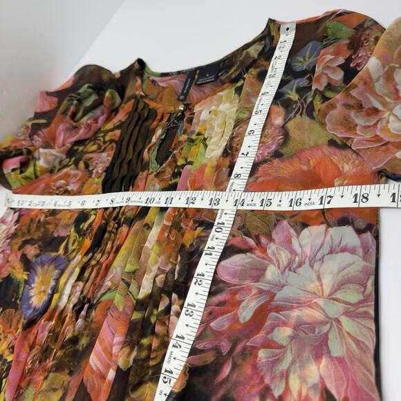 Dark Floral Sheer Blouse S Brown Multi Pin Pleats Fairycore Whimsigoth Ethereal - Picture 8 of 12